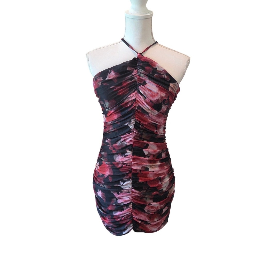 Emory Park Mini Dress Mesh Ruched Halter Bodycon Floral Red Black Romantic M